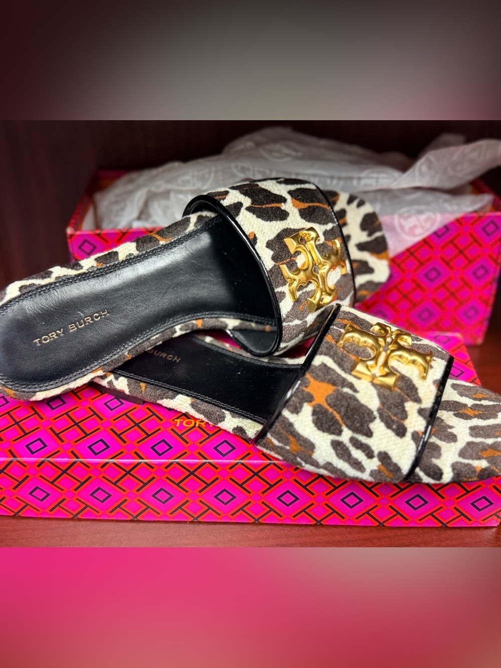 Tory Burch Leopard Calf-Hair Slide Sandals with Gold Logo
